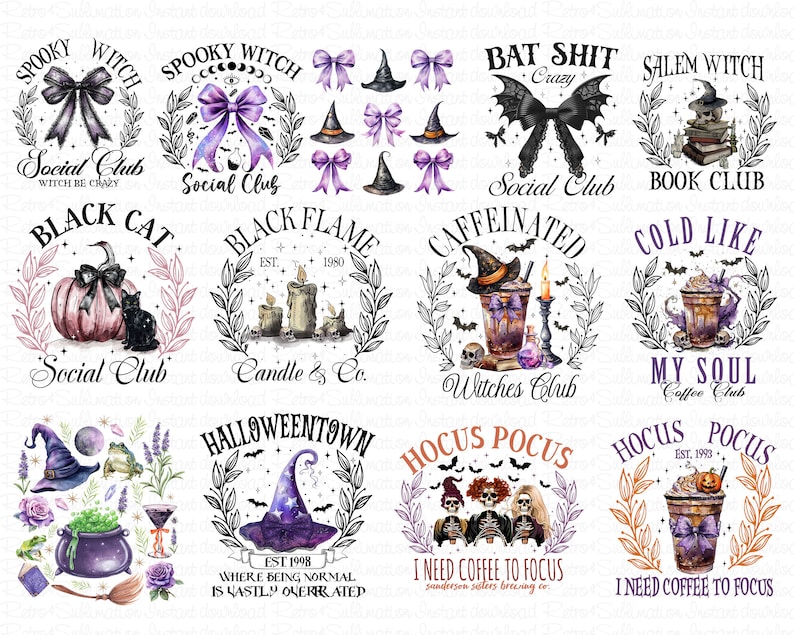 May include: A set of 10 Halloween-themed designs featuring various spooky and whimsical illustrations. The designs include a black cat, a witch, a cauldron, a pumpkin, a bat, a book, a candle, a coffee cup, and a skull. The designs are perfect for creating t-shirts, mugs, tote bags, and other merchandise.
