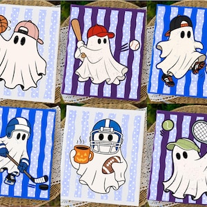 May include: A set of six rectangular prints featuring white ghosts engaged in various sports. The ghosts are depicted playing basketball, baseball, soccer, hockey, football, and tennis, each set against a background of vertical stripes.