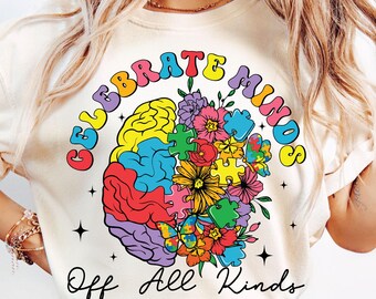 Celebrate Minds PNG, Autism Awareness Sublimation, Mental Health Brain Puzzle Piece Shirt, Autism Puzzle Pieces Png, Be Kind Png, Autism Png