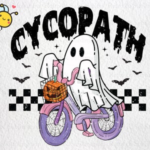 May include: A white ghost riding a pink bicycle with a pumpkin in the basket. The ghost has a pink tongue sticking out. The background is white with black bats and a checkered pattern.