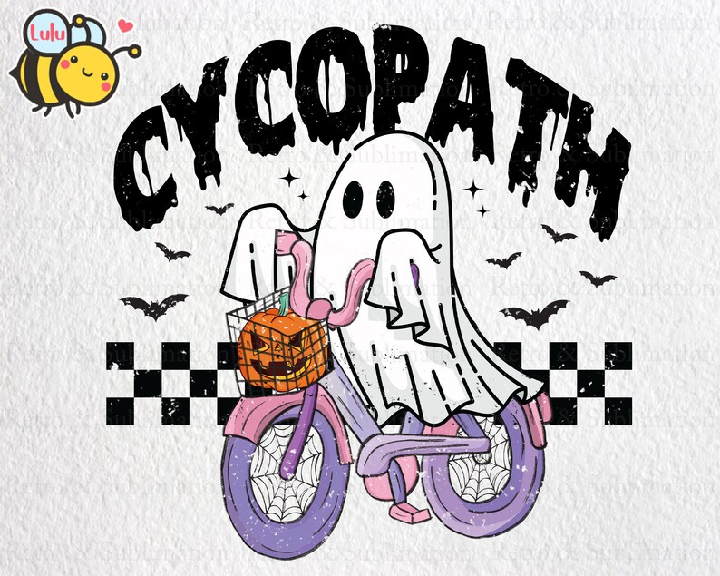 May include: A white ghost riding a pink bicycle with a pumpkin in the basket. The ghost has a pink tongue sticking out. The background is white with black bats and a checkered pattern.