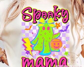 Preppy Spooky Mama PNG, Neon Ghost Sublimation, Cute Halloween Mom Shirt Design, Checkerboard Halloween Png, Halloween Mama Coquette Png