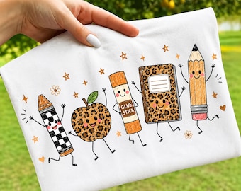 Trendy Leopard School Supplies PNG: Back To School Doodles Png, Preppy Teacher Png, Digital Download
