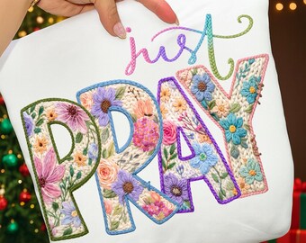 Just Pray Faux Yarn Crochet PNG: Floral Christian Knitted Png, Retro Floral Religious Sublimation Design