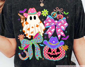 Neon Western Halloween PNG: Cowgirl Ghost, Pumpkin, Retro Design (Digital Download