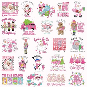 May include: A collection of 16 colourful Christmas-themed designs featuring various characters and phrases. The designs include Santa Claus, a snowman, a gingerbread man, a nutcracker, a Christmas tree, and more. The designs are all in a pink and white colour scheme and have a fun and festive feel.