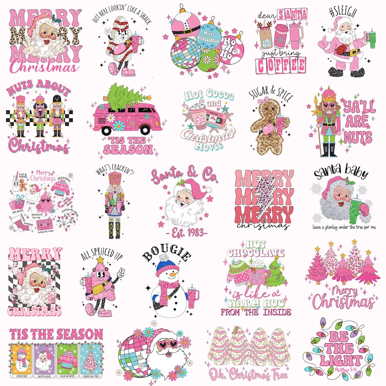 May include: A collection of 16 colourful Christmas-themed designs featuring various characters and phrases. The designs include Santa Claus, a snowman, a gingerbread man, a nutcracker, a Christmas tree, and more. The designs are all in a pink and white colour scheme and have a fun and festive feel.