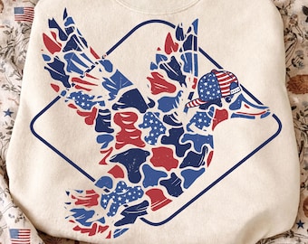Duck Hunting USA PNG:  Boys 4th of July Png, Camo Flying Mallard Duck Png, Independence Day Design
