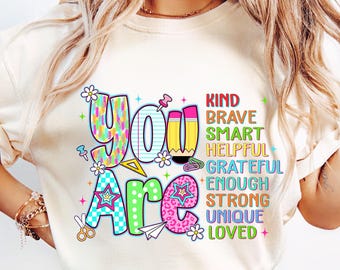 Eres amable, valiente e inteligente (Png), regreso a clases (Png), primer día de clases (Png), diseño de sublimación de camisetas para maestros, descarga digital
