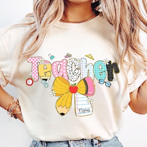 Personalized Colorful Teacher Png, Back to School Png, Preppy Teacher Pencil Bow Png, First Day of School Png, Teacher Name, School Vibes