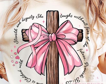 Croce della Fede contro il Cancro al Seno PNG, Sensibilizzazione sul Cancro al Seno PNG, Nastro Rosa Coquette PNG, Design per Maglietta Cristiana per la Sensibilizzazione di Ottobre, Digitale