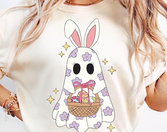 Cute Easter Ghost Bunny Png, Floral Bunny Ghost with Easter Basket, Spooky Easter Png, Easter Png, Happy Easter Png, Sublimation Design