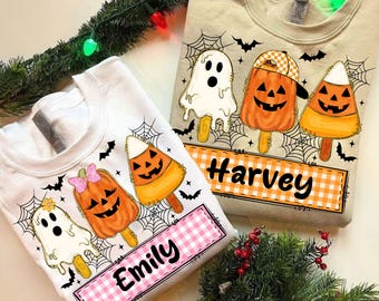 Spersonalizowane Halloween dla dzieci PNG - Uroczy duch, dynia, kukurydza cukrowa, spersonalizowany chłopiec i dziewczynka, sublimacja
