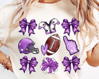 Cheer Football Coquette Bows Png, Purple Football Png, Pom Poms Football Png, Football Bow Png, Football Mom Png, Game Day Png, Sports Shirt