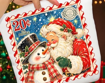 Vintage Christmas Stamp PNG, Retro Christmas Santa Snowman Sublimation, Santa Graphic Claus Holiday Sublimation, Xmas Digital Download.