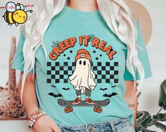 Creep It Real T-Shirt Donna Halloween Fantasma Skateboard - Oversize A Scacchi, Manica Corta