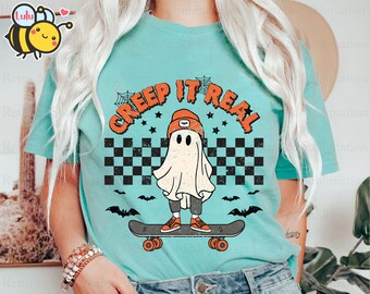 Creep It Real T-Shirt Donna Halloween Fantasma Skateboard - Oversize A Scacchi, Manica Corta