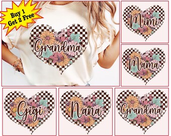 Paquete de corazón a cuadros para mamá, corazón floral para mamá, sublimación de abuela a cuadros, camiseta vintage con flores para mamá, regalo del día de la madre