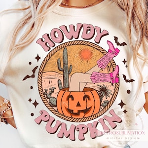 Howdy Pumpkin Cowgirl Png, Western Cowgirl Halloween Png, Retro Pink Boot Jack O Lantern Png, Cowgirl Spooky Season Png, Fall Vibes Png