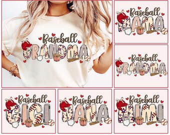 May include: A set of six baseball-themed t-shirt designs featuring the words "Baseball Grandma", "Baseball Gigi", "Baseball Nana", "Baseball Mimi", "Baseball Mama", and "Baseball Grandma". Each design includes a baseball, a baseball cap, popcorn, and hearts.