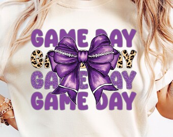 Purple Coquette Bow Game Day Png, Coquette Football Png, Touch Down Seson Png, Sport Team Png, Sports Coquette Bow Png , Game Day Shirt