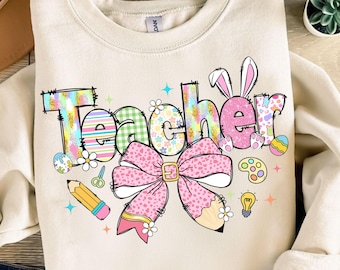 Lazo de Pascua para maestra, PNG, Día de Pascua con purpurina colorida, PNG, Conejito de maestra, Png, Vida de maestra, Lazo de lápiz, Diseño de camiseta de primavera