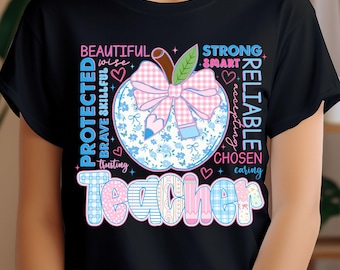 Retro Teach Png, Apple Teacher Png, Bow Pencil Png, Apple Png, Teacher Appreciation Sublimation, Cute Back To School PNG, Pink Blue
