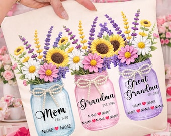 Peronalized Mother's Day Png: Floral Faux Yarn Mama Png, Custom Grandma's Flower Mason Jar Est With Kids Names Design