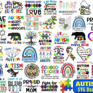 Pu&ograve; includere: Una collezione di 25 design SVG colorati con pezzi di puzzle, arcobaleni e testo relativo alla consapevolezza dell'autismo. I design includono frasi come "Consapevolezza dell'autismo", "Orgoglioso pap&agrave; autistico", "Au-Some Mama Bear" e "Accendi il blu".