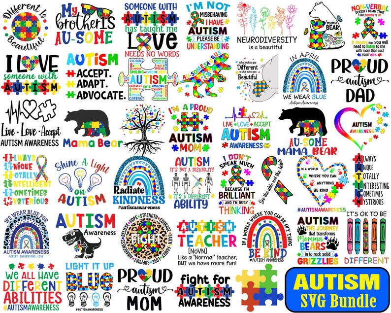 Pu&ograve; includere: Una collezione di 25 design SVG colorati con pezzi di puzzle, arcobaleni e testo relativo alla consapevolezza dell'autismo. I design includono frasi come "Consapevolezza dell'autismo", "Orgoglioso pap&agrave; autistico", "Au-Some Mama Bear" e "Accendi il blu".