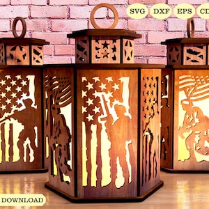 May include: Three wooden lantern designs featuring an American flag and a silhouette of a soldier. The lanterns are made of wood and have a rustic brown finish. The lanterns are lit from within, creating a warm glow. The lanterns are available in SVG, DXF, EPS, CDR, and PDF formats.