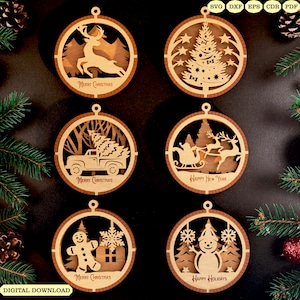 May include: A collection of six laser-cut wooden Christmas ornaments. Each circular ornament showcases a festive scene, such as a reindeer, Christmas tree, and snowman. The ornaments are engraved with the phrases "Merry Christmas" and "Happy New Year".