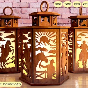 May include: Three wooden lantern designs with intricate cutouts featuring a cowboy riding a horse, a sunset scene, and a cowboy with a horse. The lanterns are made of wood and have a rustic brown finish.  The lanterns are lit from within, creating a warm glow.  The text "DIGITAL DOWNLOAD" is at the bottom of the image.