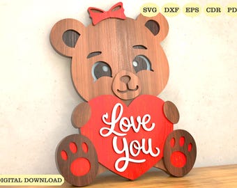 Personalisierter Teddybär mit Herz SVG Laser Cut, Valentinstag Geschenk, benutzerdefinierter Holzbär SVG Laser Cut