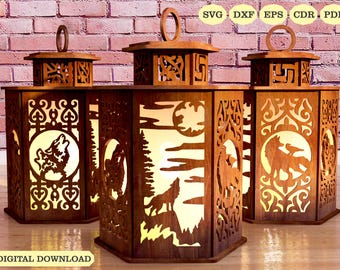 Wolf Kerzenhalter Laser Cut, Wölfe Lampe Nacht SVG Laser-Cut