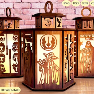 May include: Three wooden lantern designs featuring Star Wars characters. The lanterns are brown and feature Yoda, Darth Vader, and the Star Wars logo.