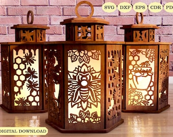 Bienen & Blüten Kerzenhalter Laser Cut, Honigbienen Lampe Nacht SVG Laser-Cut