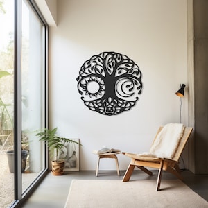 Baum-Metallwanddekor, Sonnen- und Mondkunst, Gleichgewichtsinspiriertes Design, Naturharmonie-Kunstwerk, einzigartiger himmlischer Hauptakzent, Neujahrsgeschenk, Halloween