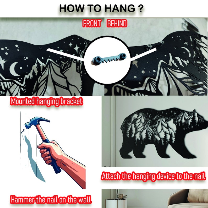 May include: Instructions on how to hang a decorative wall art piece. The image shows a black metal bear silhouette with a mountain and forest design. The text reads "HOW TO HANG?" and includes steps: mounting the bracket, hammering a nail, and attaching the hanging device.