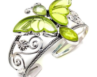 Butterfly - Peridot Gemstone Handmade Silver Jewelry Cuff Bracelet Adjustable