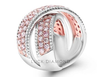 2.15ct Fancy Light Pink And White Round Shape Diamond Criss-Cross Ring,18K Gold Ring For Every Occasion, Gift Ring