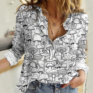 Pilz Leinen-Look Shirt, Botanische Frauen Blusen, Cottagecore Langarm Shirt, Pflanzen Liebhaber Geschenk, Geschenk für sie, Blusen Frauen