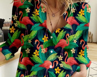 Flamingo Tropical Blouse Shirt, Natural Casual Shirt, Animal Summer Shirt, Tropical Long Sleeve Shirt