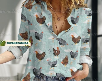 Funny Chicken Shirt, Chicken Shirt, Chicken Linen-Look Shirt, Farm Family Shirt, Chicken T-Shirt, Rooster Shirt, Shirt Women