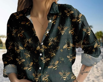 Vintage Bee Botanical Blouse Shirt, Honeycomb Women Shirt, Unique Honey Bees Casual Shirt, Bee Lovers Gift, Bumblebees Shirt