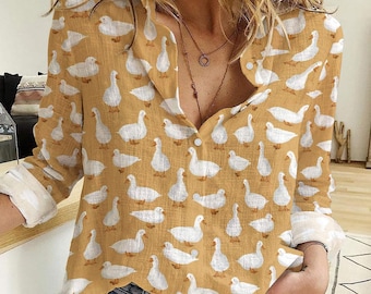 Duck Blouse Shirt, Farm Animal Women Shirt, Farmer Long Sleeve Shirt, Animal Lover Gift, Duck Casual Shirt, Gift For Her