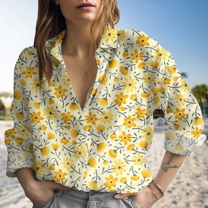 Camicia da donna con stampa floreale, camicetta con fiori selvatici, camicia casual botanica, camicia vintage a maniche lunghe con fiori, regalo per giardiniere