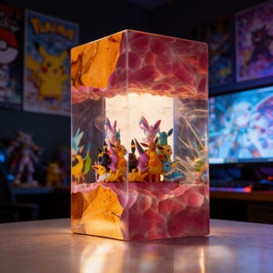 Könnte beinhalten: Eine rechteckige Kunstharzlampe mit einer zentral beleuchteten Kammer, die eine Sammlung kleiner, bunter Kreaturenfiguren enthält. Die Lampe hat strukturierte, rosa und bernsteinfarbene Ränder, die den klaren, leuchtenden Mittelteil einrahmen.