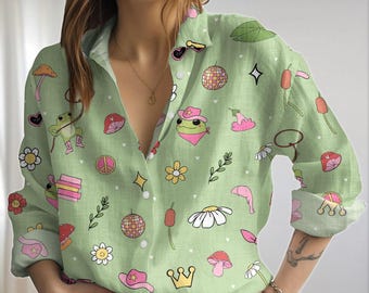 Frog Blouse Shirt, Flower Frog And Toad Women Blouses, Funny Flog Long Sleeve Shirt, Cottage Casual Shirt, Gift For Her