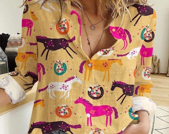 Horses Blouse Shirt, Animal Women Shirt, Funny Horses Summer Top, Horses Farm Casual Shirt, Gifts For Her